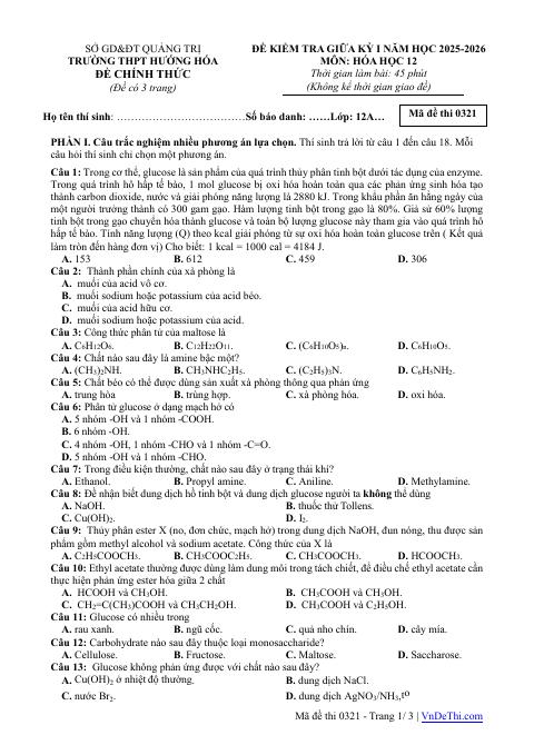 Đề thi Giữa kì 1 Hóa học 12 năm 2025-2026 trường THPT Hướng Hóa (Quảng Trị)